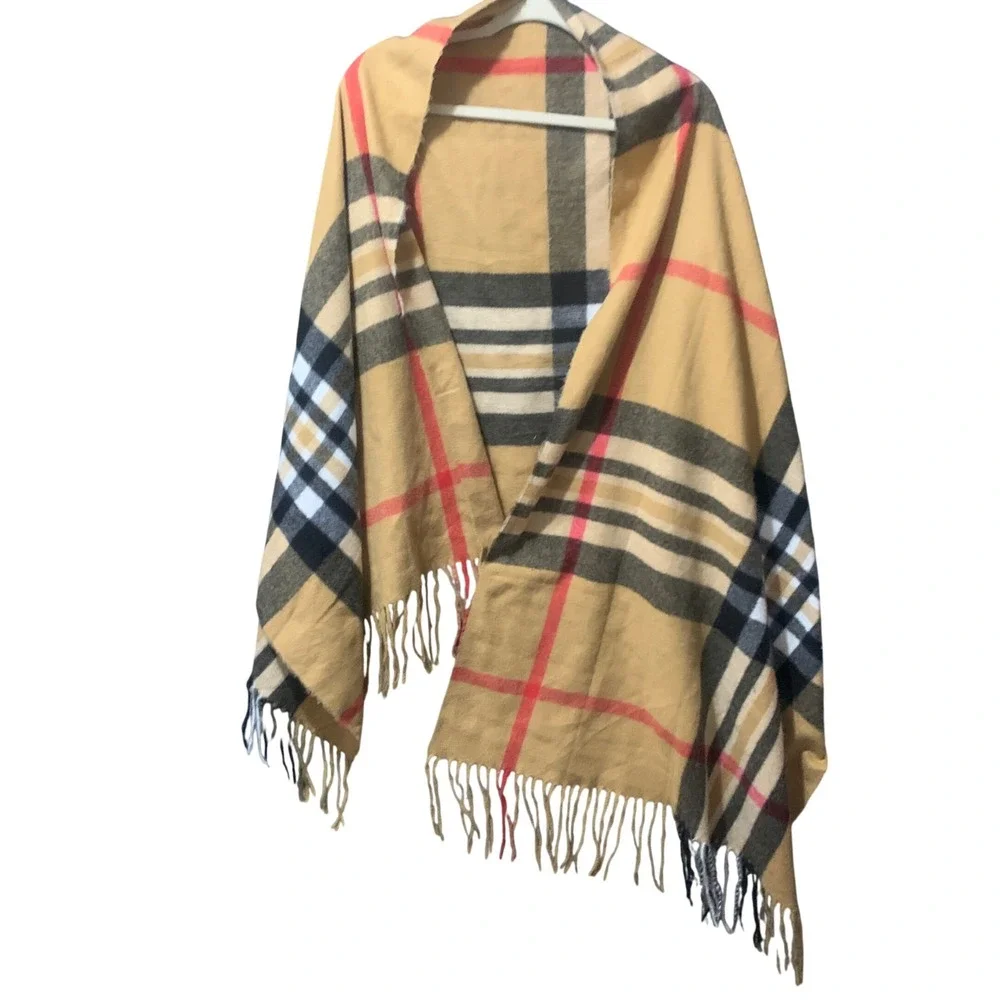 Scarf Womens OS Plaid Tan Black Red White Fringe Wrap Soft Cottage Quiet Luxury